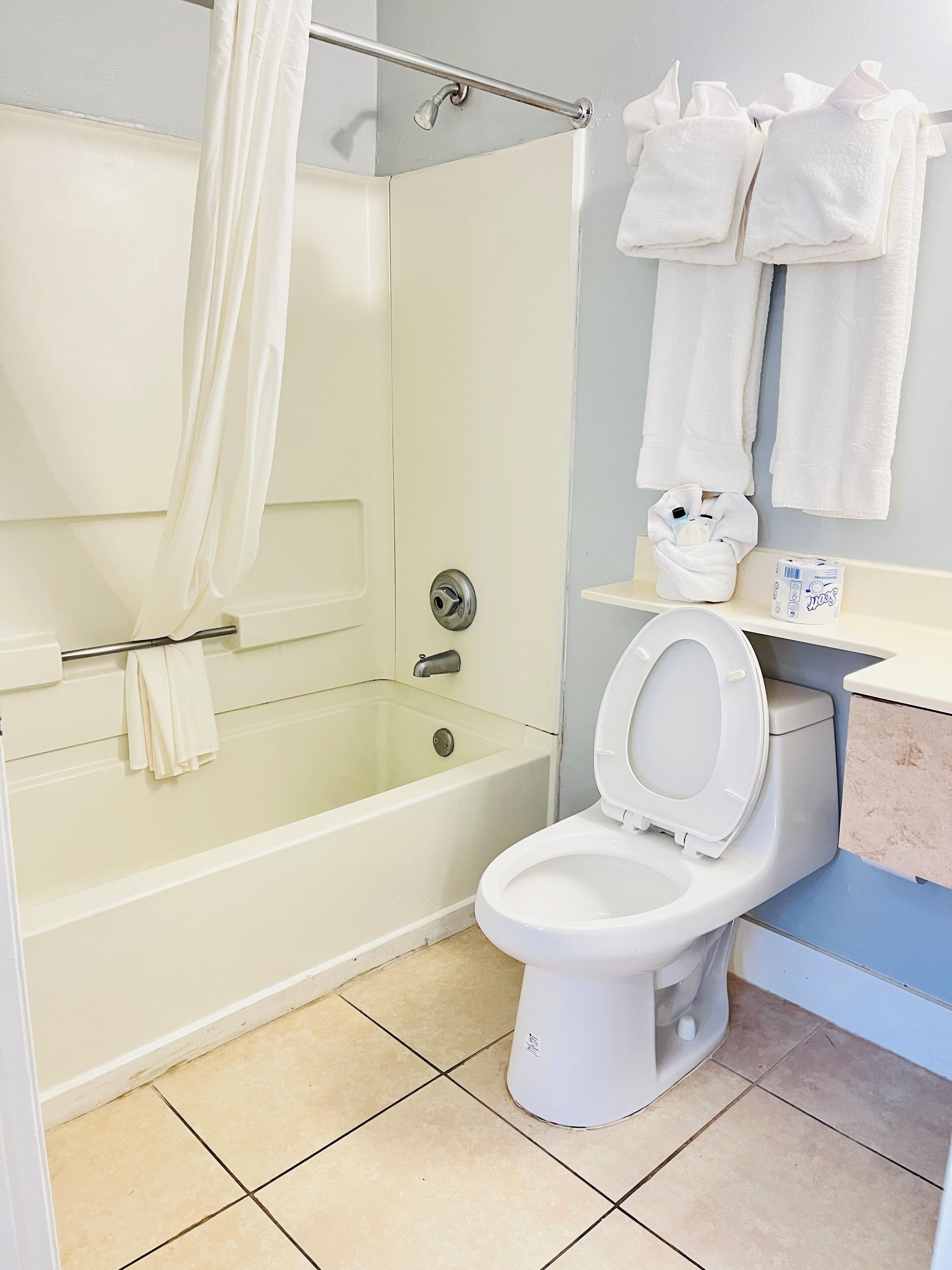 A bathroom with a bathtub, toilet, and a shower curtain.