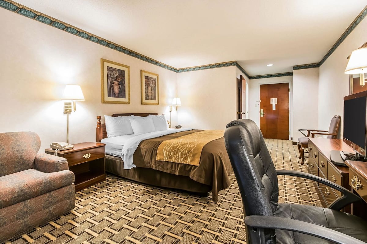 A hotel room with a bed, a desk, a chair, a lamp, and two framed pictures on the wall.