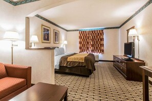 A hotel room with a bed, a desk, a television, a sofa, and a patterned carpet.