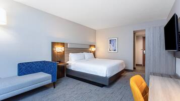 A hotel room with a bed, a sofa, a desk, and a TV.