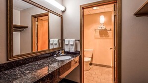Een badkamer met een marmeren wastafel, toilet en spiegel.