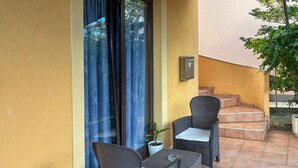 Une petite terrasse extérieure avec des meubles en osier et une plante en pot.