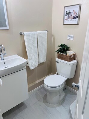 Shower, towels, soap, toilet paper