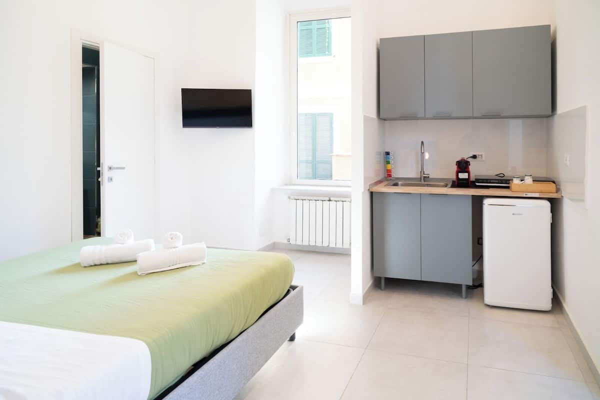 Habitación compacta con cama, una kitchenette pequeña y un televisor montado en la pared.