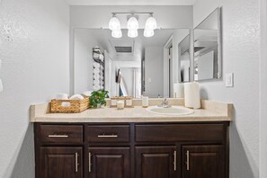 Hair dryer, bidet, towels, soap