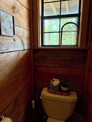 Bathroom - Cozy Blue Spirit Cabin Studio Retreat in Peace Valley w/ Queen Bed + Kitchenette (Caddo Gap)
