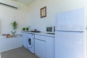 Apartament, 2 dormitoris, cuina bàsica, vistes a la ciutat | Cuina bàsica privada | Frigorífic gran, microones, placa de cuina i bullidora elèctrica 