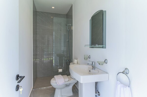 Een moderne badkamer met een glazen douchecabine, toilet, wastafel en spiegel.