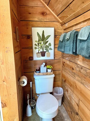 Een douche, een haardroger, handdoeken, toiletpapier