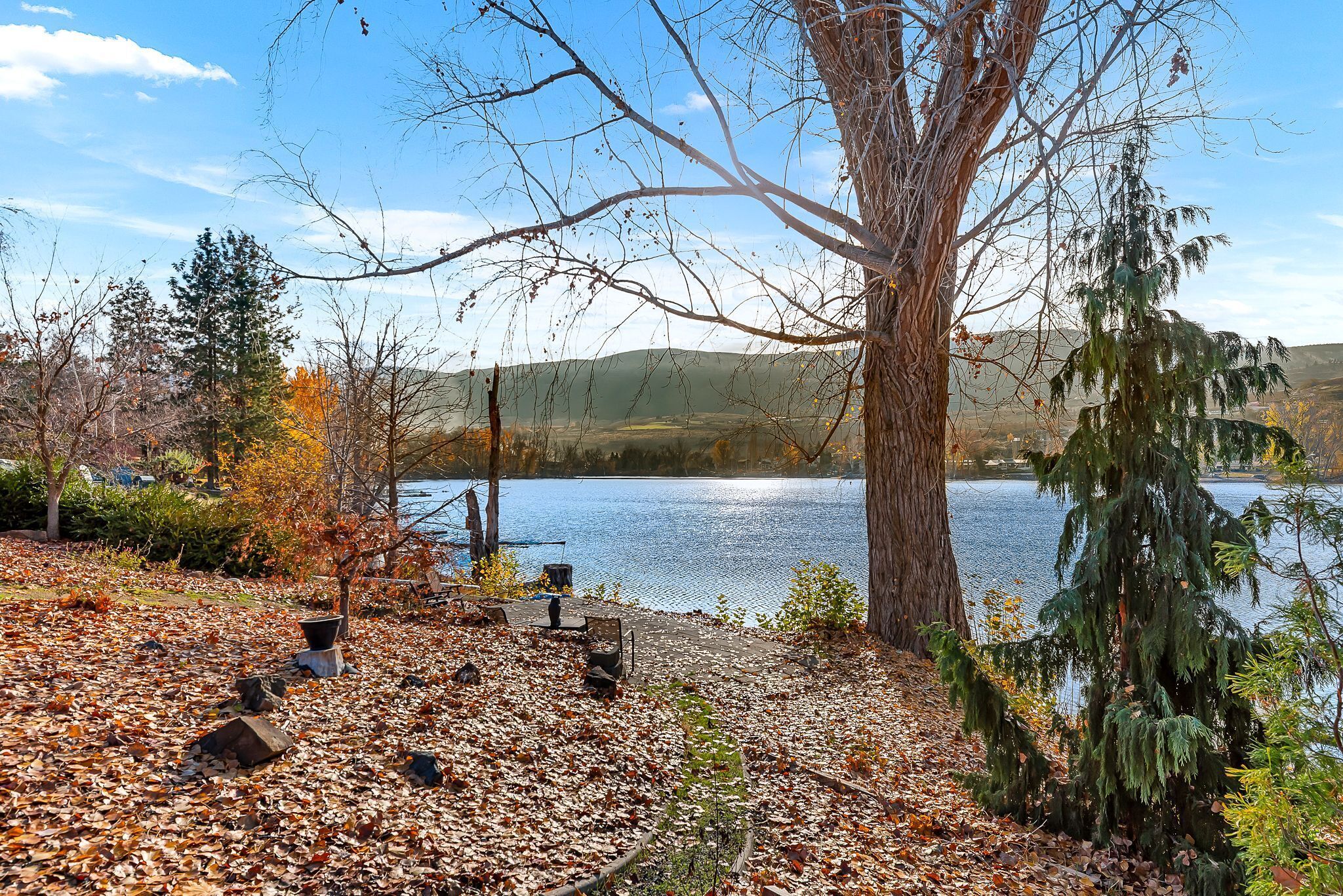 A lakeside area with a bench and a picnic table, surrounded by trees and a view of the lake.