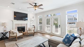 Smart TV, fireplace, books