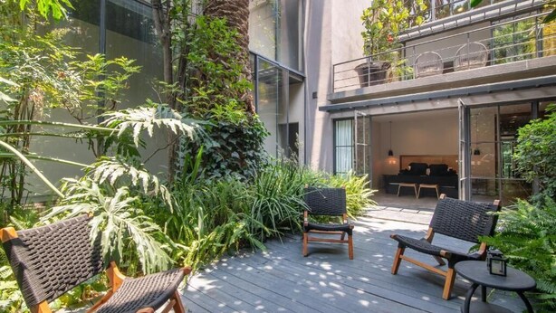 Un patio moderno al aire libre con mobiliario de madera y abundante vegetación.
