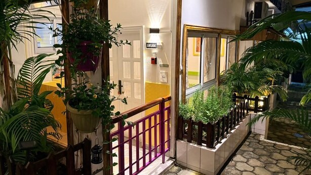 Een goed verlichte binnenruimte met een houten balustrade, potplanten en een betegelde vloer.