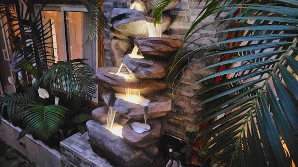 A stone waterfall feature with cascading water, surrounded by lush tropical plants. - Appartement Rustique (Yaoundé)