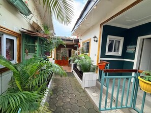 A narrow pathway flanked by lush green plants and a teal railing, leading to a door with a window.