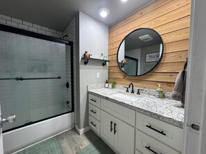 Hair dryer, towels, soap, toilet paper