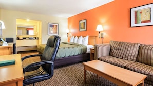 Une chambre d’hôtel avec un lit, un canapé, un bureau et une chaise.