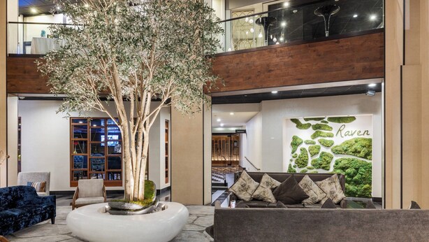 A lobby with a large tree, seating areas, and a store named 'Raven' with a green wall. - The Hills Hotel (Laguna Hills)