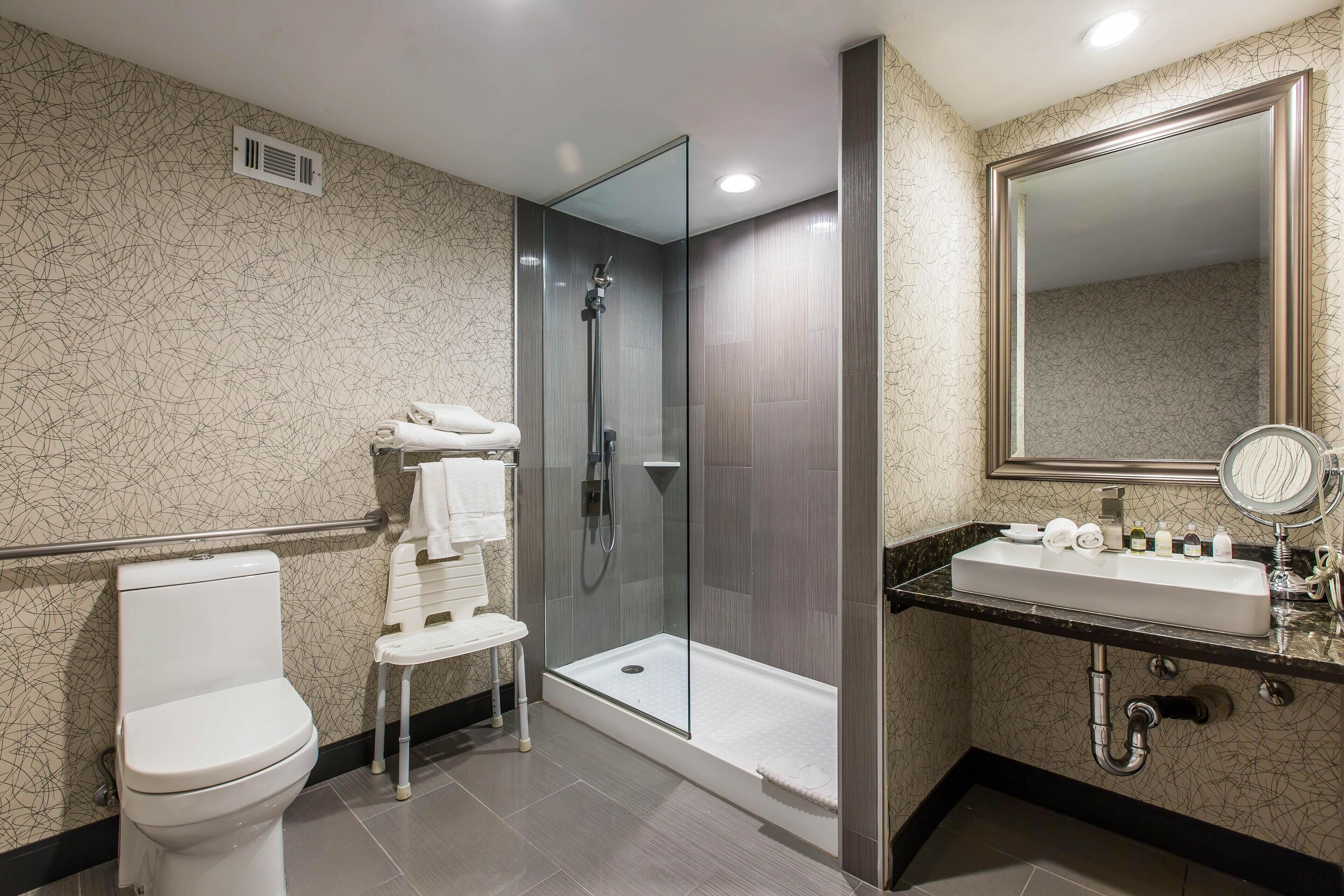 Une salle de bain moderne comprenant des toilettes, une douche à l’italienne, un meuble-lavabo et un grand miroir.