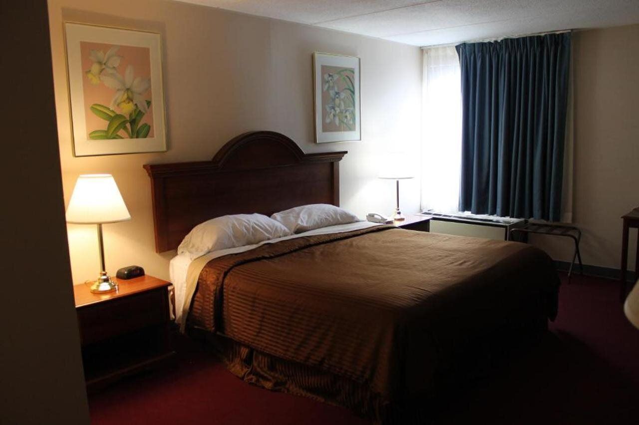A hotel room with a bed, a nightstand with a lamp, a desk, and a window with curtains.