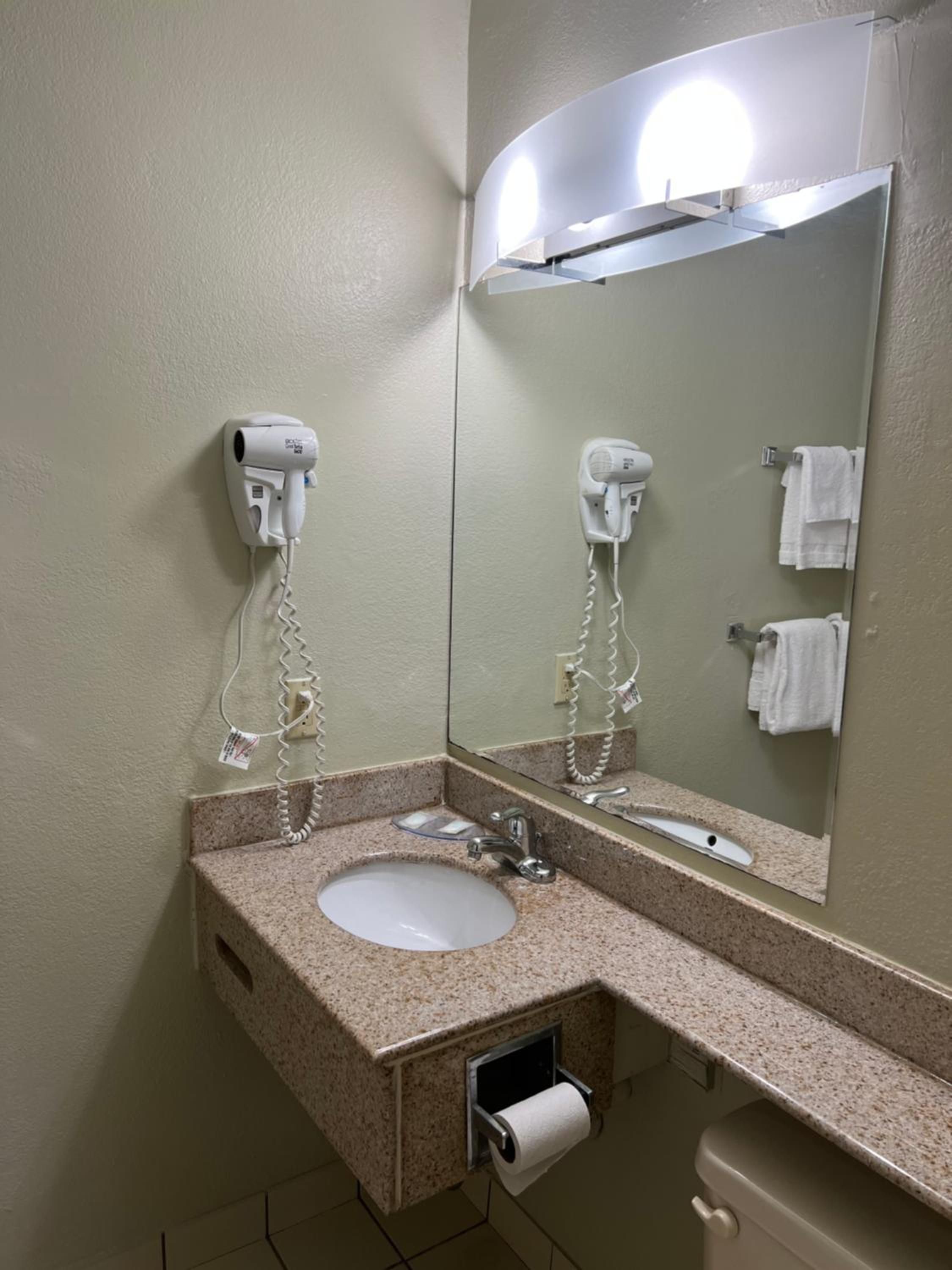 A bathroom with a sink, a mirror, a hairdryer, and a towel rack.