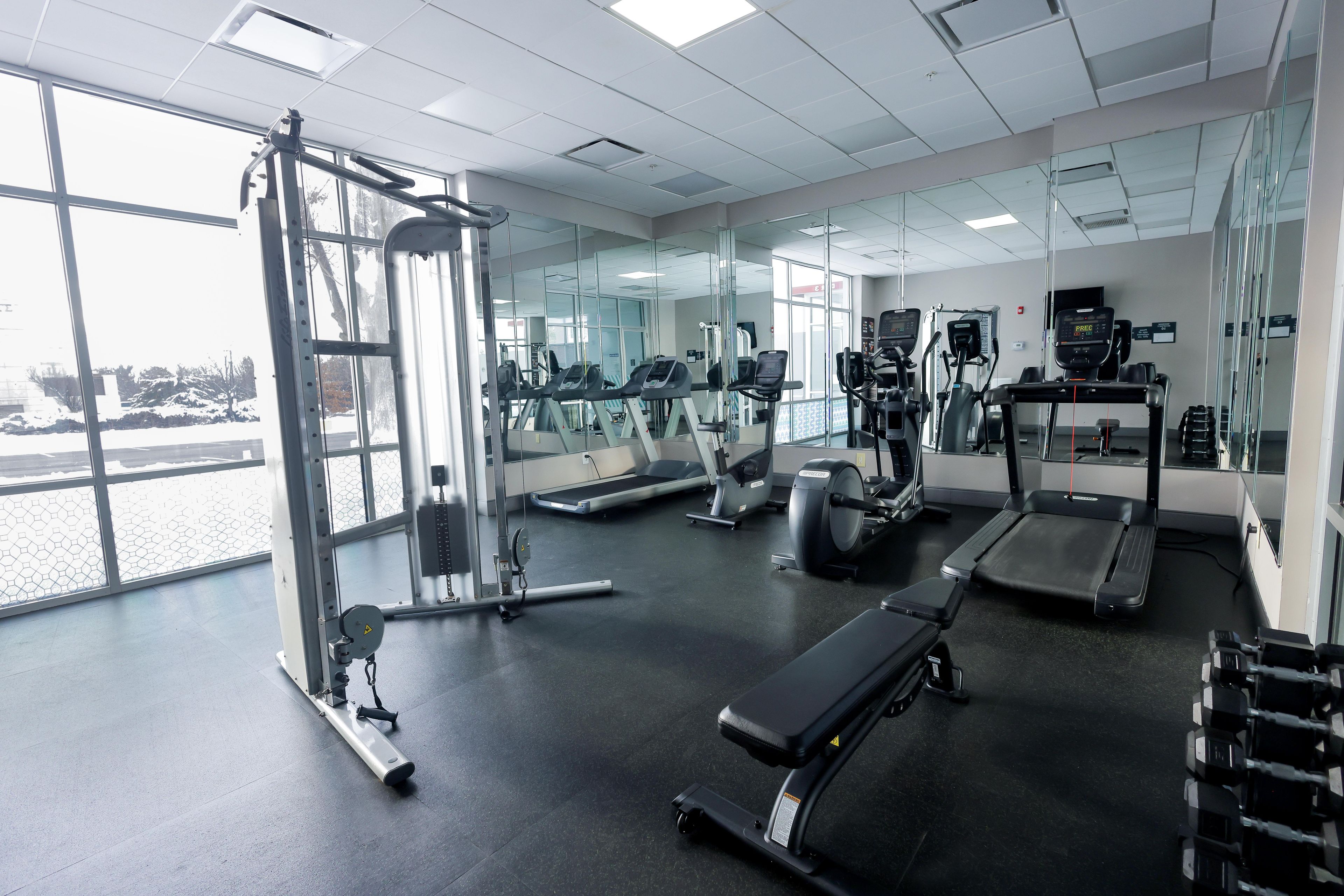 A gym with treadmills, weight machines, and a bench.
