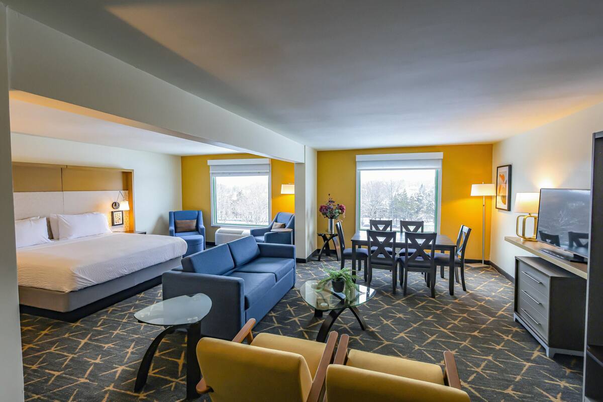 Quarto de hotel com cama, sofá, mesa de jantar, cadeiras, televisão e uma pequena mesa com uma planta.