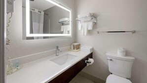A modern bathroom with a large mirror, a sink, a toilet, and a towel rack. - Quality Inn University Area Farmville, VA (Farmville)