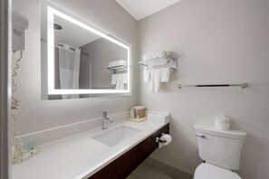 A modern bathroom with a large mirror, a sink, a toilet, and a towel rack. - Quality Inn University Area Farmville, VA (Farmville)