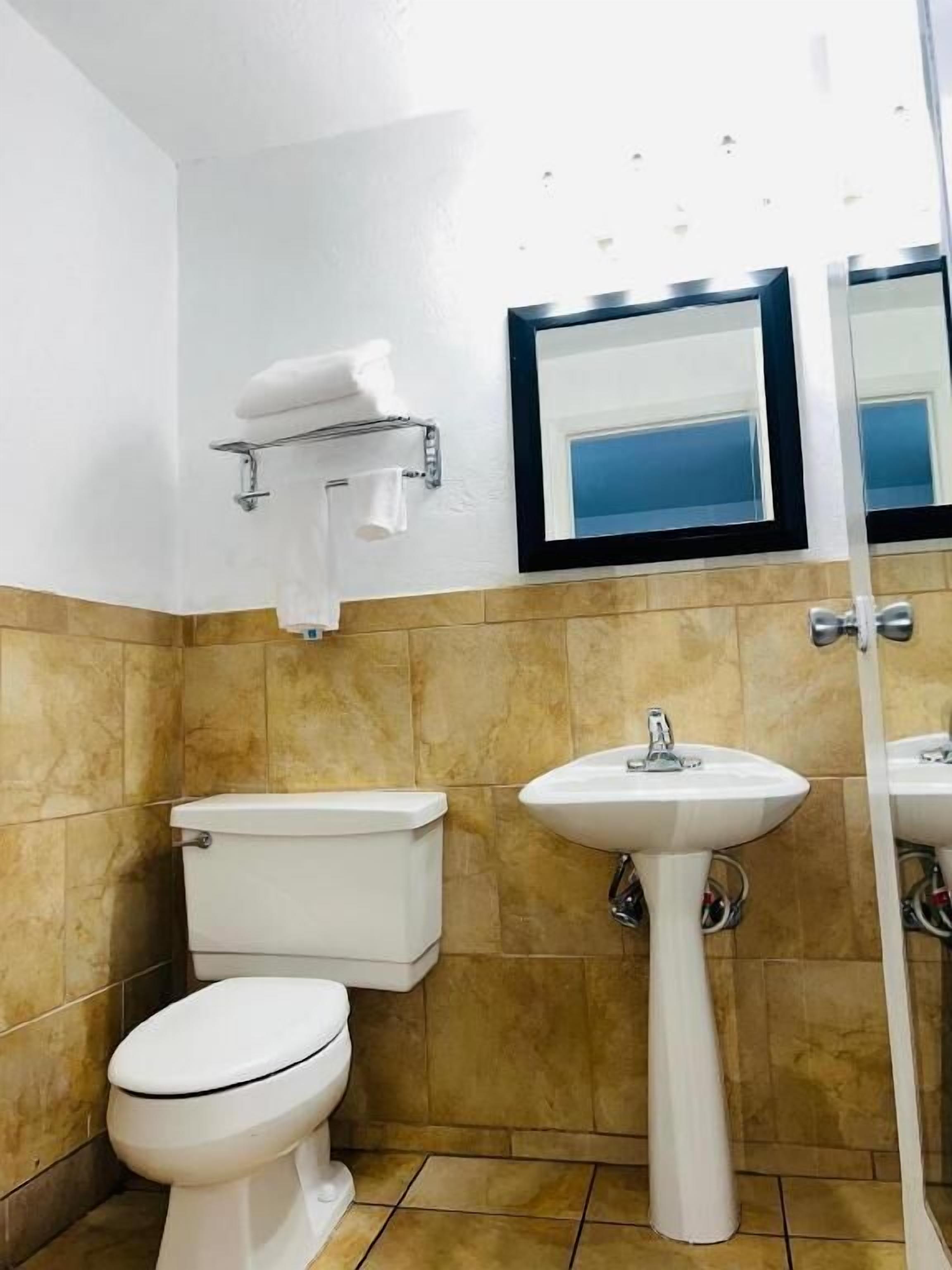 Un baño con inodoro, lavabo y espejo.