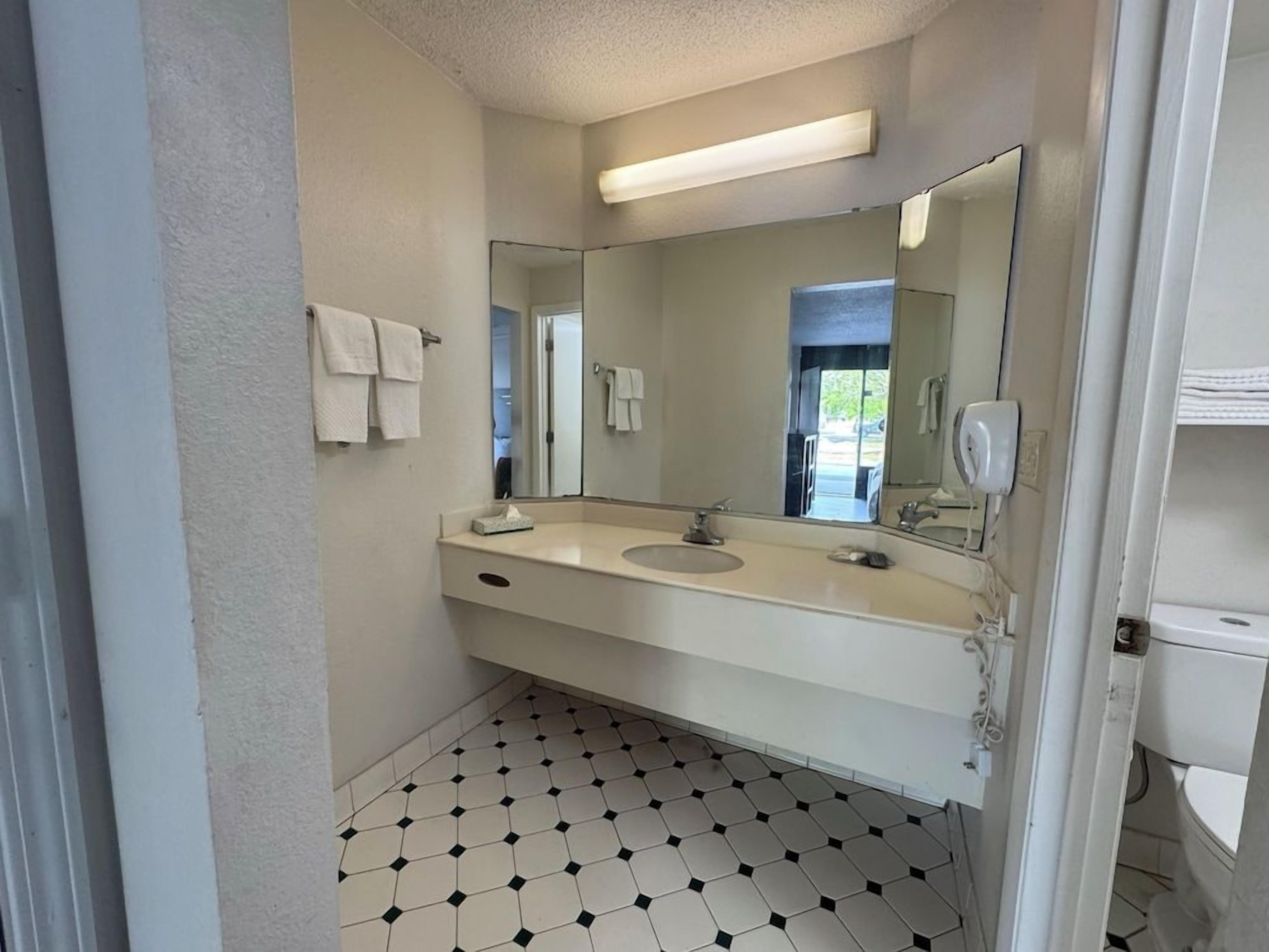 A bathroom with a white sink, a large mirror, and a black and white tiled floor.