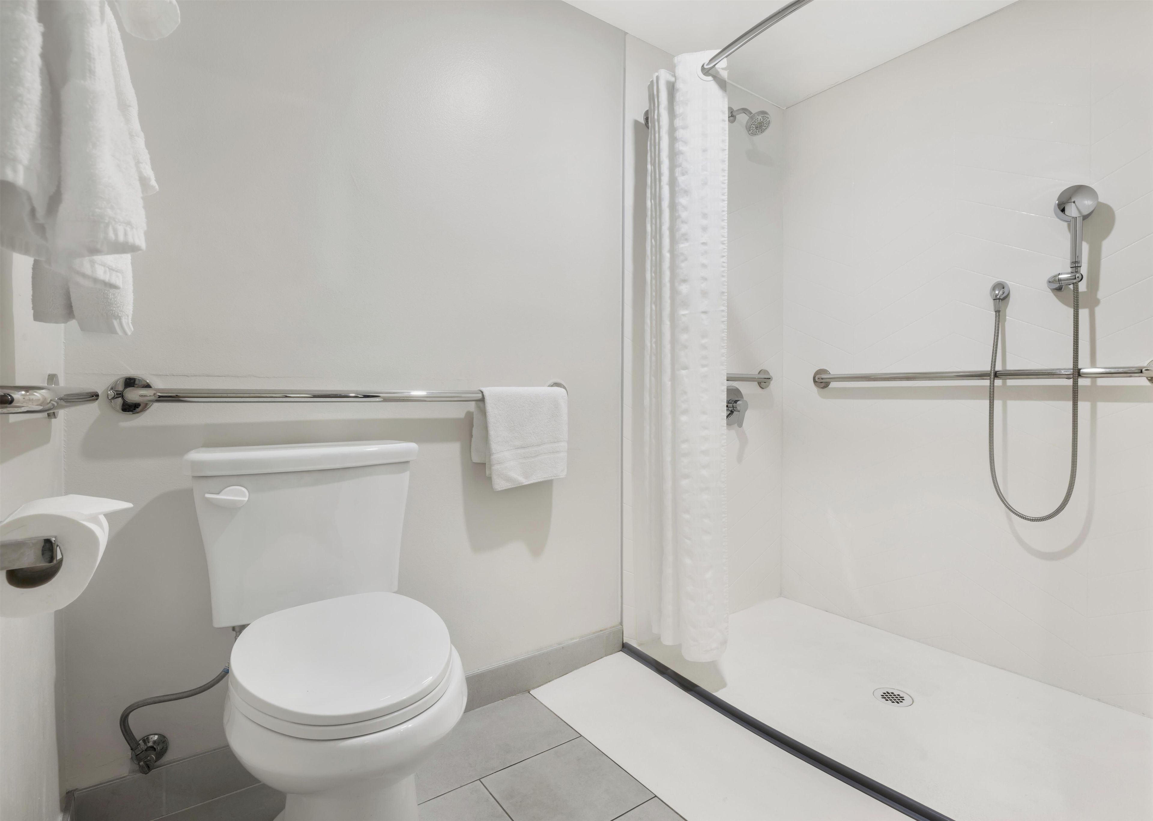 A modern bathroom with a toilet, a shower with a handheld showerhead, and a grab bar.