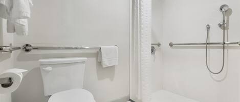 A modern bathroom with a toilet, a shower with a handheld showerhead, and a grab bar.