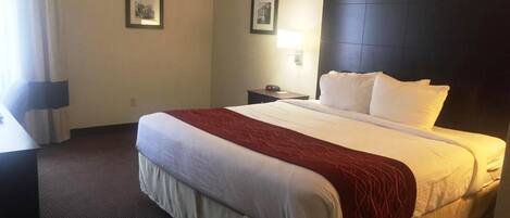 A hotel room with a large bed, a nightstand, a lamp, and two framed pictures on the wall.