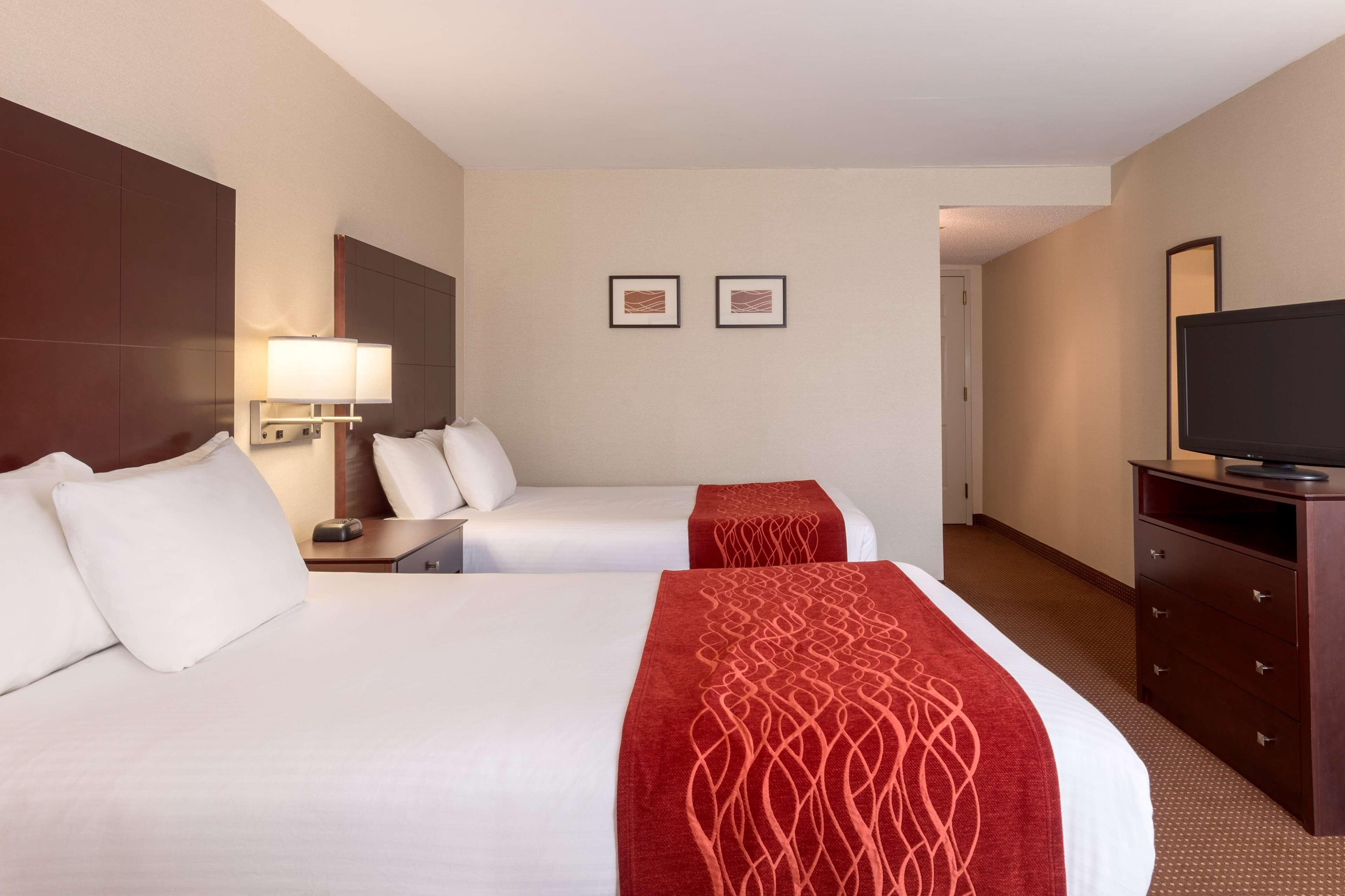 A hotel room with two beds, a TV, a dresser, and two framed pictures on the wall.