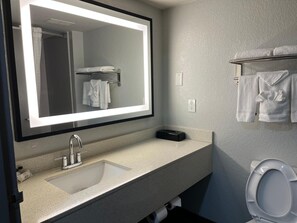 A bathroom with a large mirror, a sink, a toilet, and a towel rack. - Four Points by Sheraton College Park Atlanta Airport (College Park)