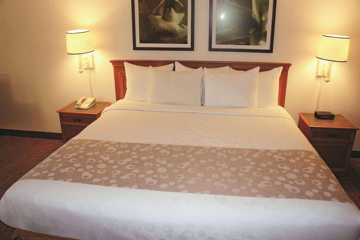 Habitación de hotel con una cama, dos mesitas de noche, un teléfono y dos lámparas fijadas a la pared.