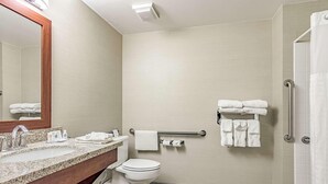 A modern bathroom with a granite countertop sink, a white toilet, a towel rack with towels, a handrail, and a shower area. - Hotel Monona (Madison)