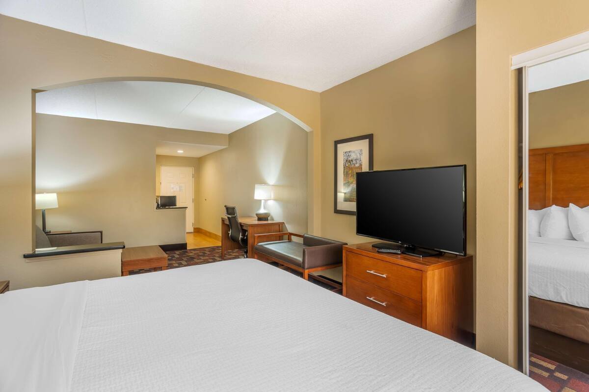 A hotel room with a large bed, a television, a desk with a chair, and a mirror.