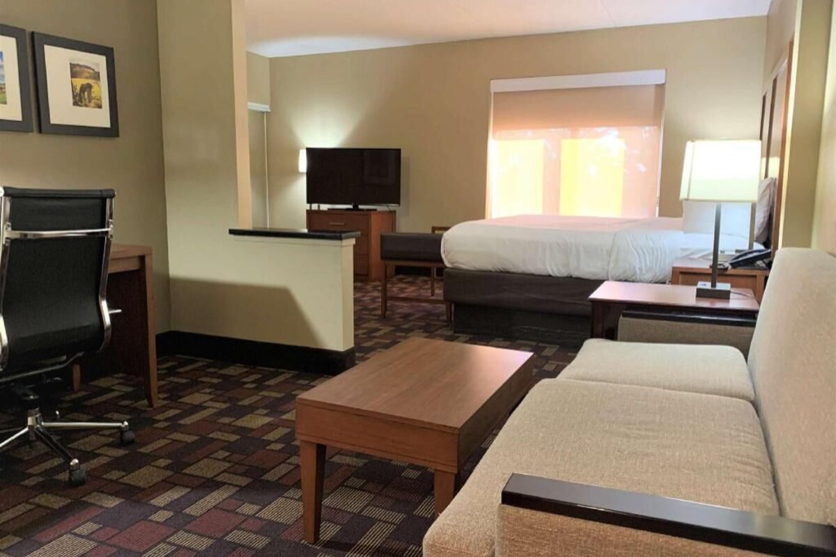 A hotel room with a bed, a sofa, a desk, a chair, and a television.
