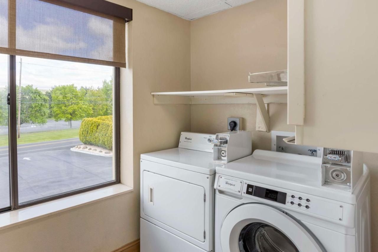 A laundry room with a front-loading washer and dryer, a shelf above the dryer, and a window with a view of a parking lot and greenery.