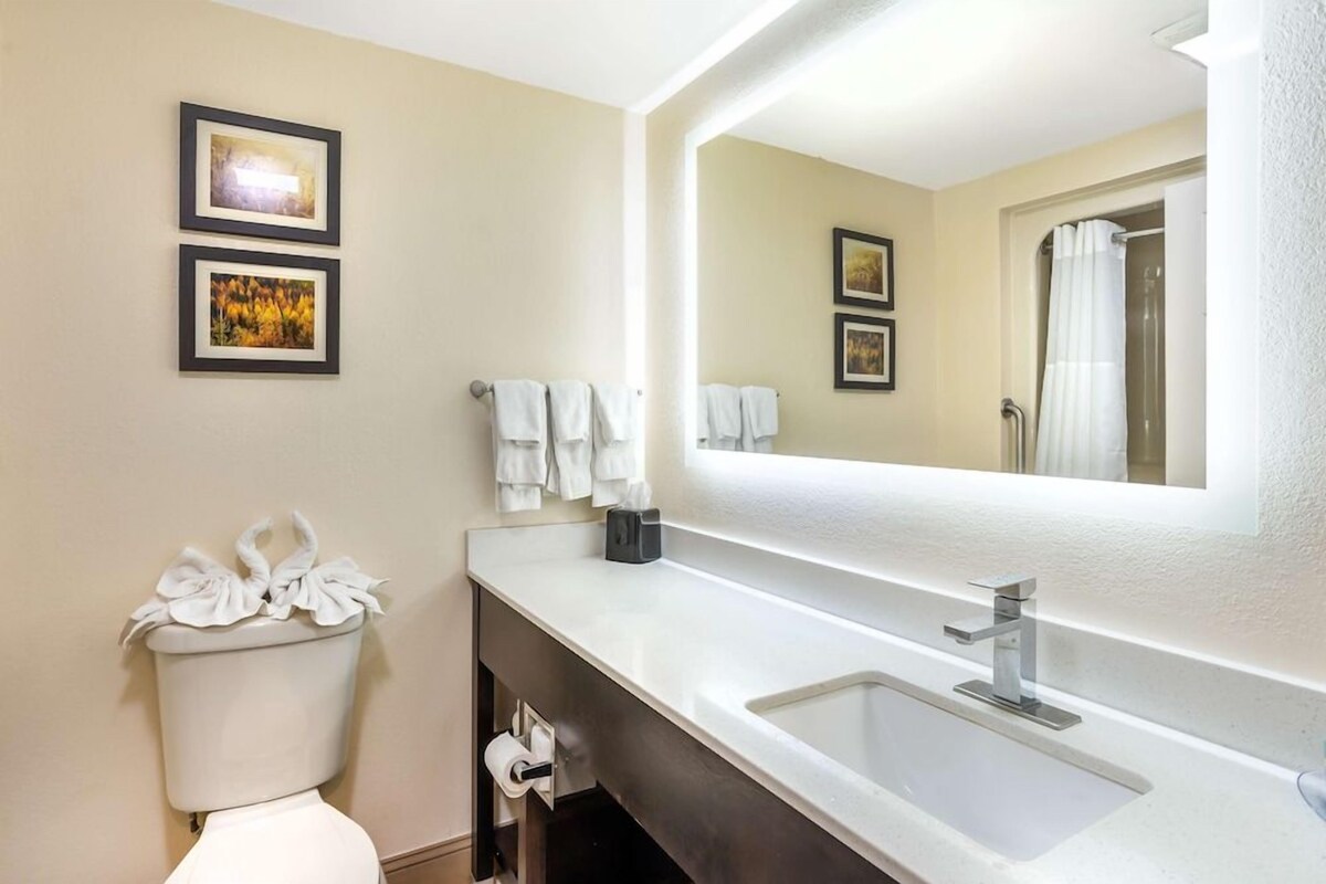 A bathroom with a toilet, sink, and mirror. There are towels hanging on the wall and a framed picture above the toilet.