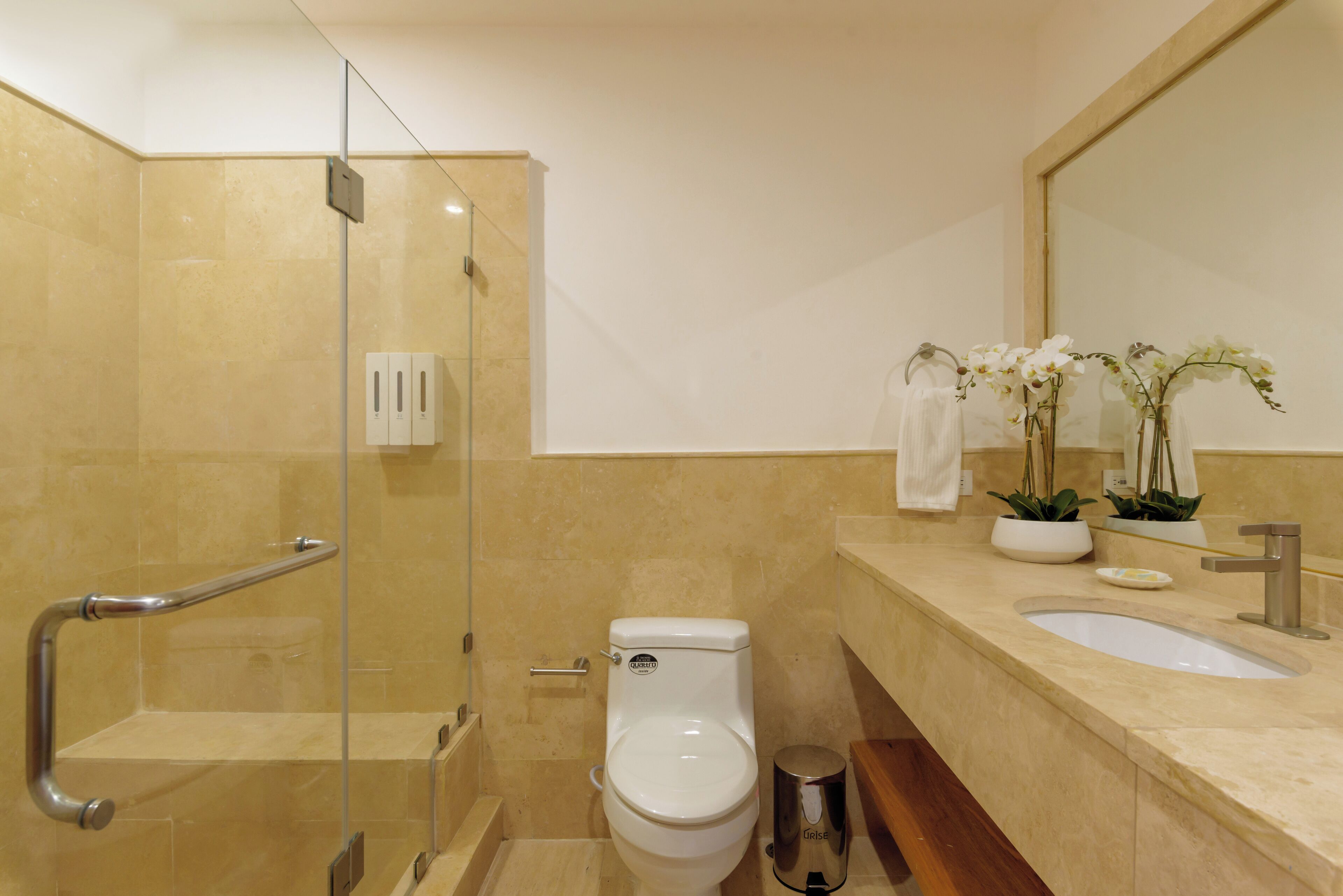Een moderne badkamer met een douchecabine van glas, een toilet, een wastafel en decoratieve planten.