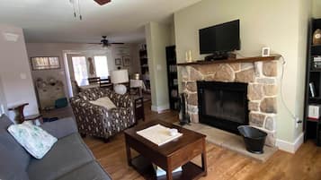 Smart TV, fireplace, DVD player, books