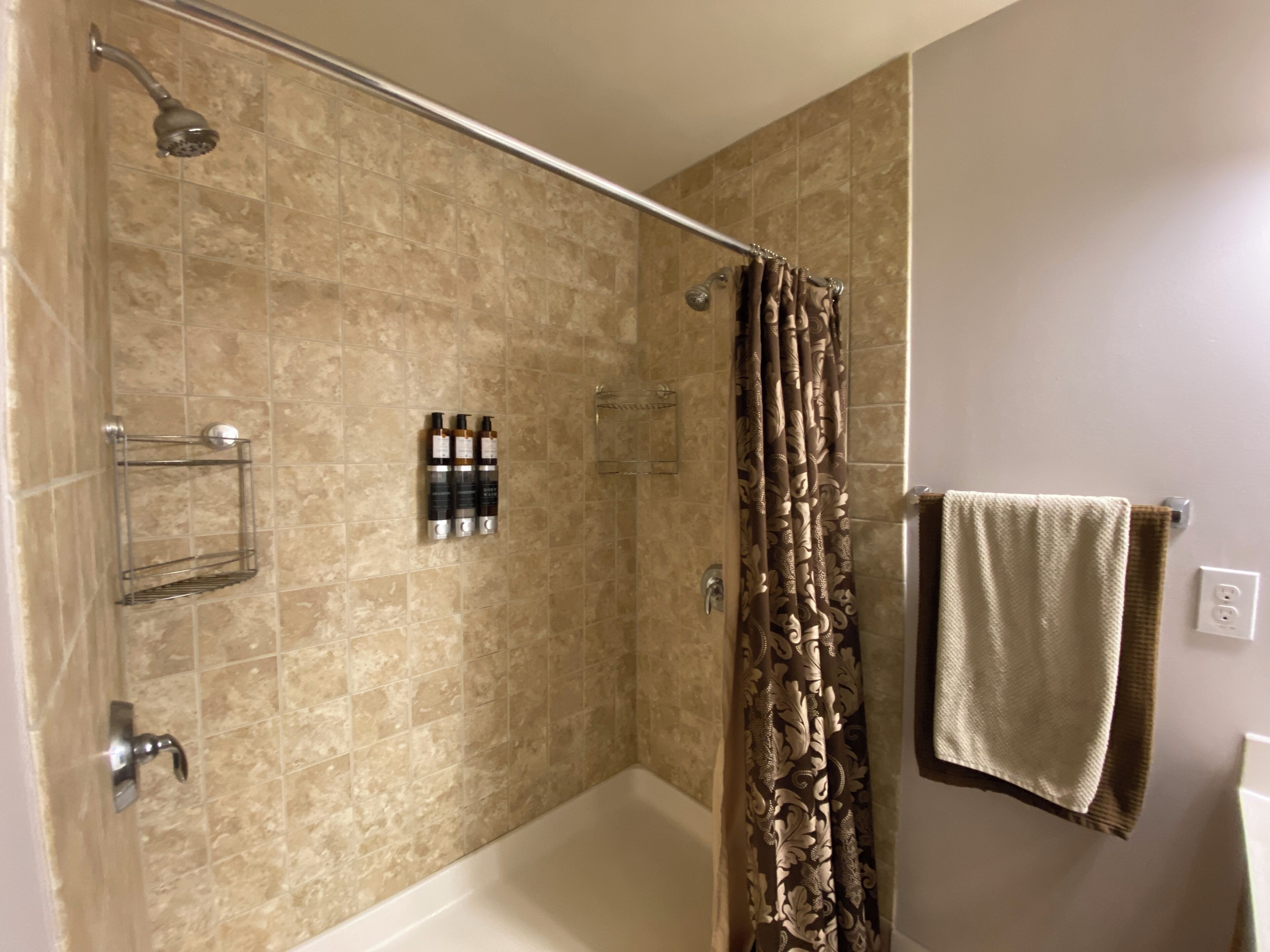Shower, jetted tub, hair dryer, towels