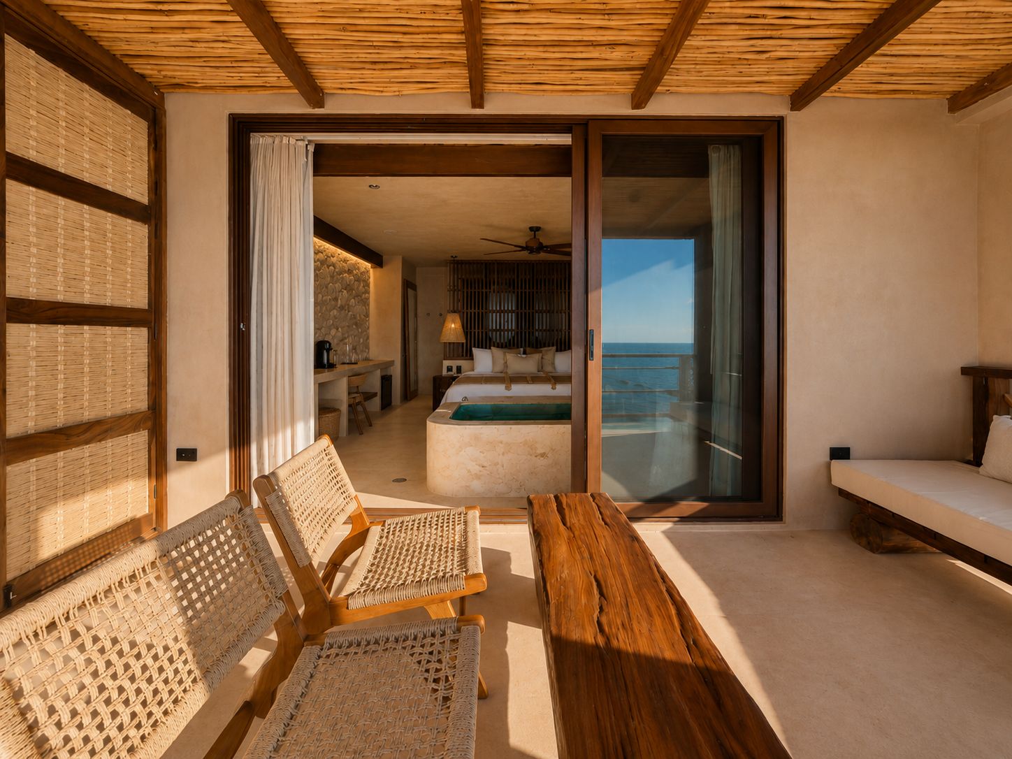 A room with a bed, a seating area with chairs, a table, and a view of the sea through a glass door.