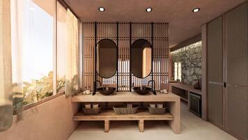 Separate tub and shower, hair dryer, towels, soap