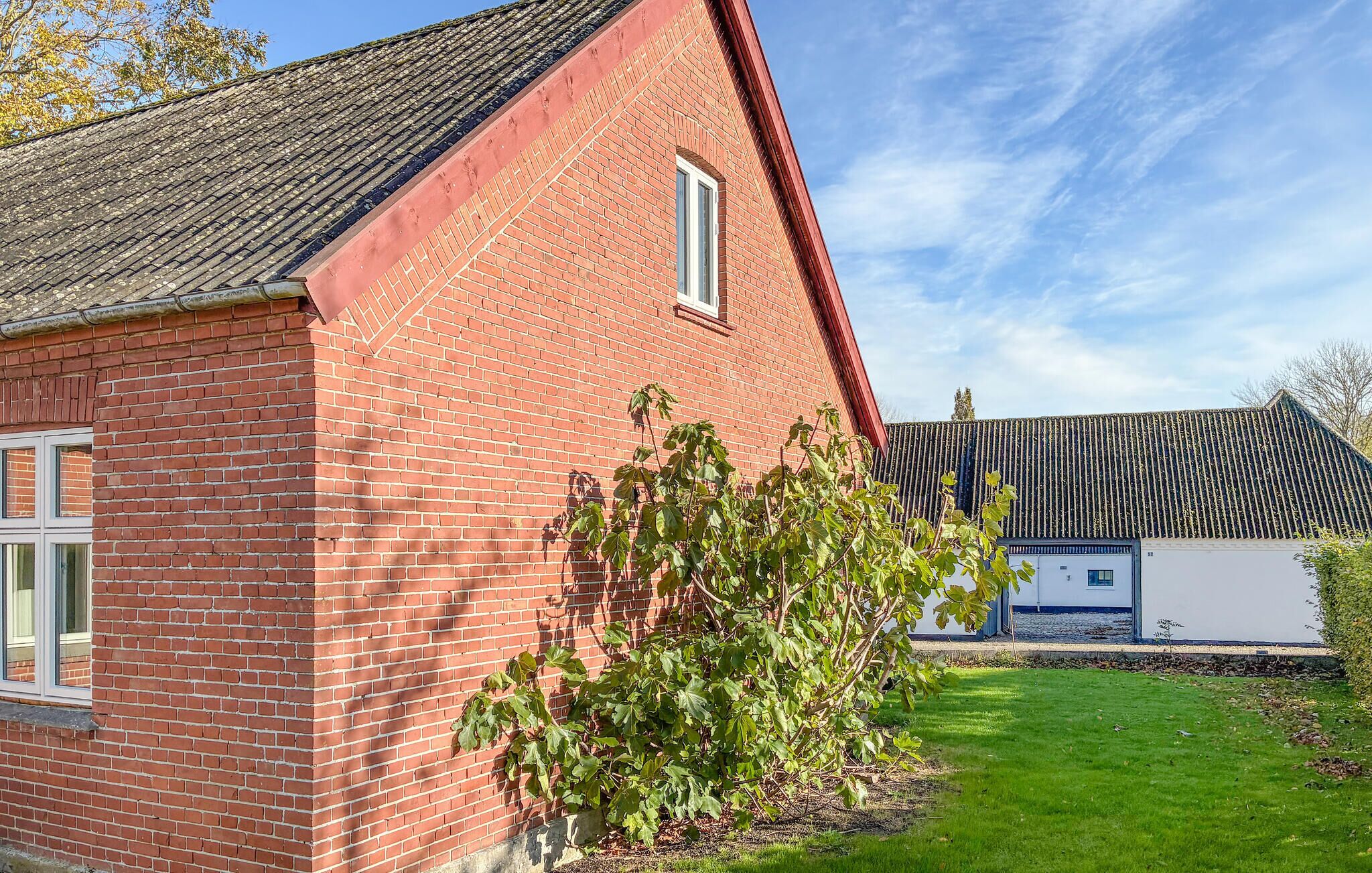 A red brick building with a sloped roof, a small window, and a green bush in front.