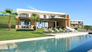A modern hotel with a swimming pool, outdoor seating, and palm trees. - Rocco Forte Private Villas (Sciacca)
