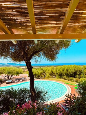 A pool area with a pergola overhead, surrounded by greenery and overlooking a scenic landscape. - Le Corti del Turchese Residence (Badesi)